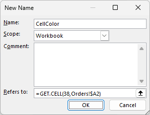 Excel New Name dialog box defining CellColor with the formula =GET.CELL(38,Orders!$A2)