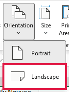 Orientation drop-down on the Page Layout tab with Landscape selected.