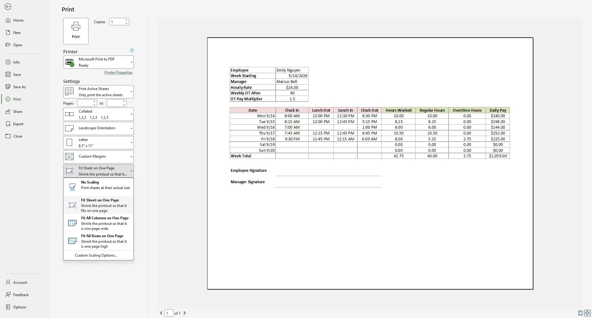 Print settings with the scaling drop-down open and the timesheet previewed on one landscape page.