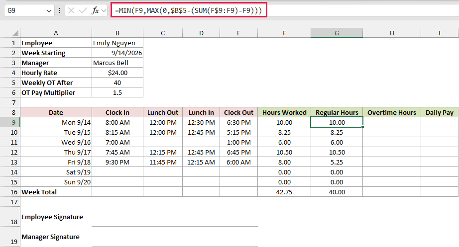 Regular Hours formula stops counting once the week reaches 40 hours.