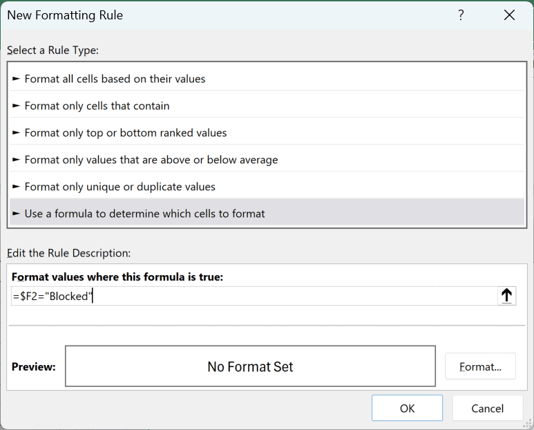New Formatting Rule dialog with Use a formula selected and =$F2="Blocked" in the formula box