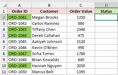 Excel table with Order ID, Customer, and Order Value columns, showing specific Order ID cells highlighted in green