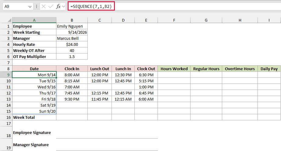 SEQUENCE formula in A9 fills the seven dates of the week from the week starting date.