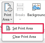 Print Area drop-down on the Page Layout tab with Set Print Area highlighted.