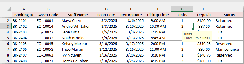 The input message appears next to a selected Units cell.