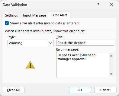 Error Alert tab with the Warning style and a custom title and message.