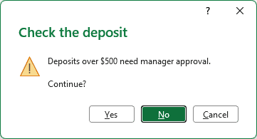 The Warning alert asks whether to keep a 650 deposit.
