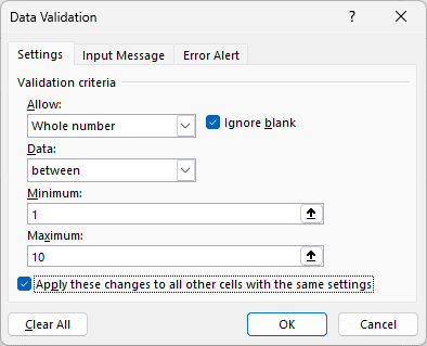Maximum changed to 10 with the apply-to-all box checked.