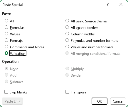Paste Special with Validation selected.