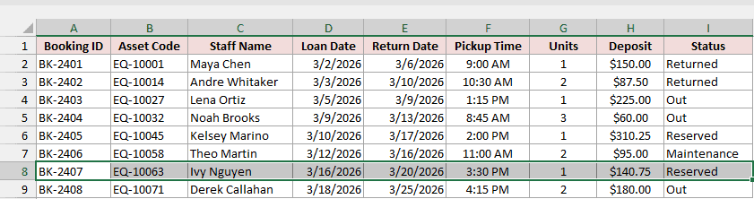 Row 8 (A8:I8) selected to copy.