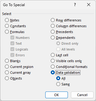 Go To Special with Data validation and All selected.