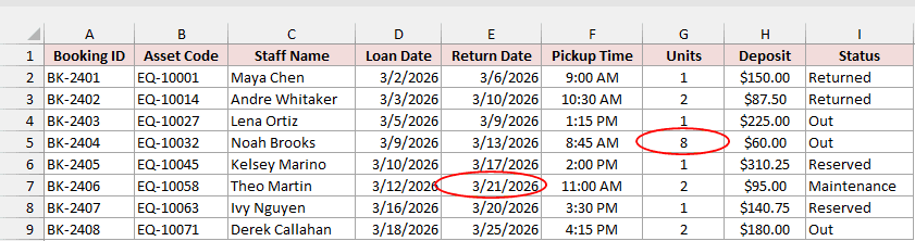 Red circles around the two invalid entries.