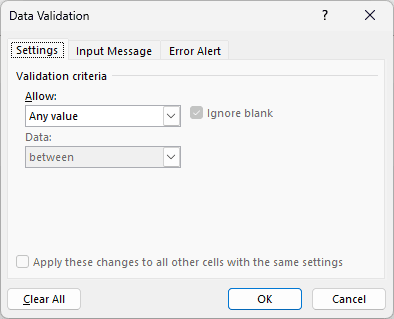 The Data Validation dialog with the Clear All button.