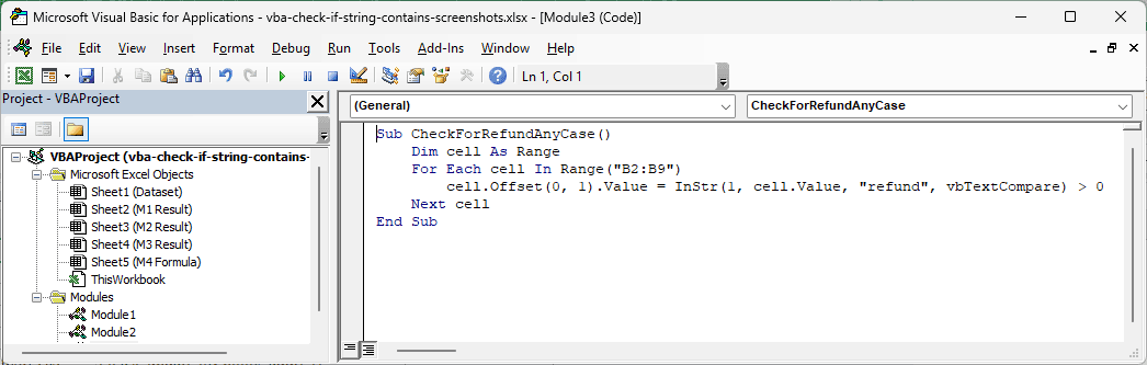 CheckForRefundAnyCase macro using InStr with vbTextCompare
