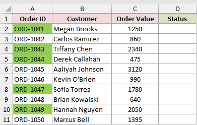 Excel table with Order ID, Customer, and Order Value columns, featuring specific Order ID cells highlighted in green