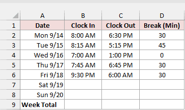 Weekly clock in and clock out times with the break length in minutes.