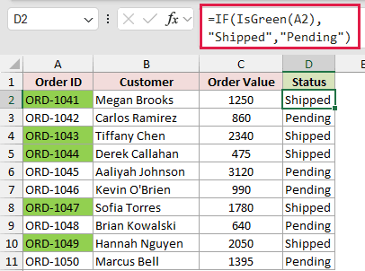 Excel Status column showing Shipped or Pending from the IF IsGreen VBA formula, with green Order ID cells