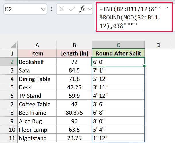 Formula that rounds the inches after splitting, showing wrong results like 5' 12" and 1' 12"