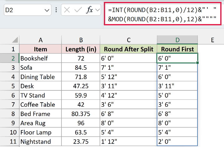 Formula that rounds the total inches first, returning 6' 0" and 2' 0" next to the broken results