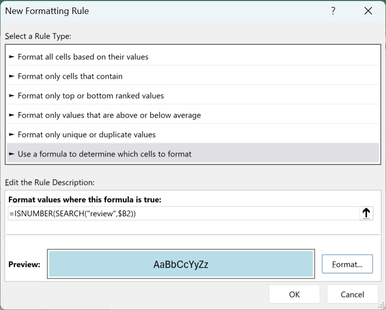 New Formatting Rule dialog with the ISNUMBER and SEARCH formula and a light blue preview