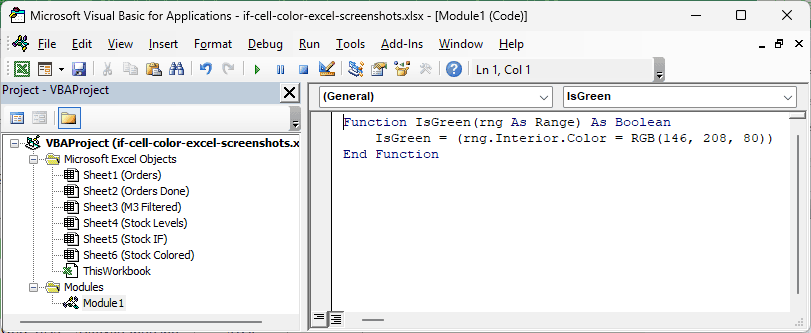 VBA editor showing the IsGreen function code to detect a specific green cell color in Excel