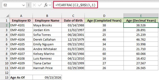 YEARFRAC formula in E2 returns each employee's age as a decimal