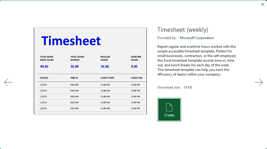 A timesheet template preview with the Create button.