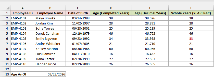 Employee list with completed, decimal, and whole-year ages in columns D to F