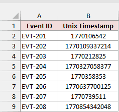 A column of Unix timestamps that mixes 10-digit seconds and 13-digit milliseconds