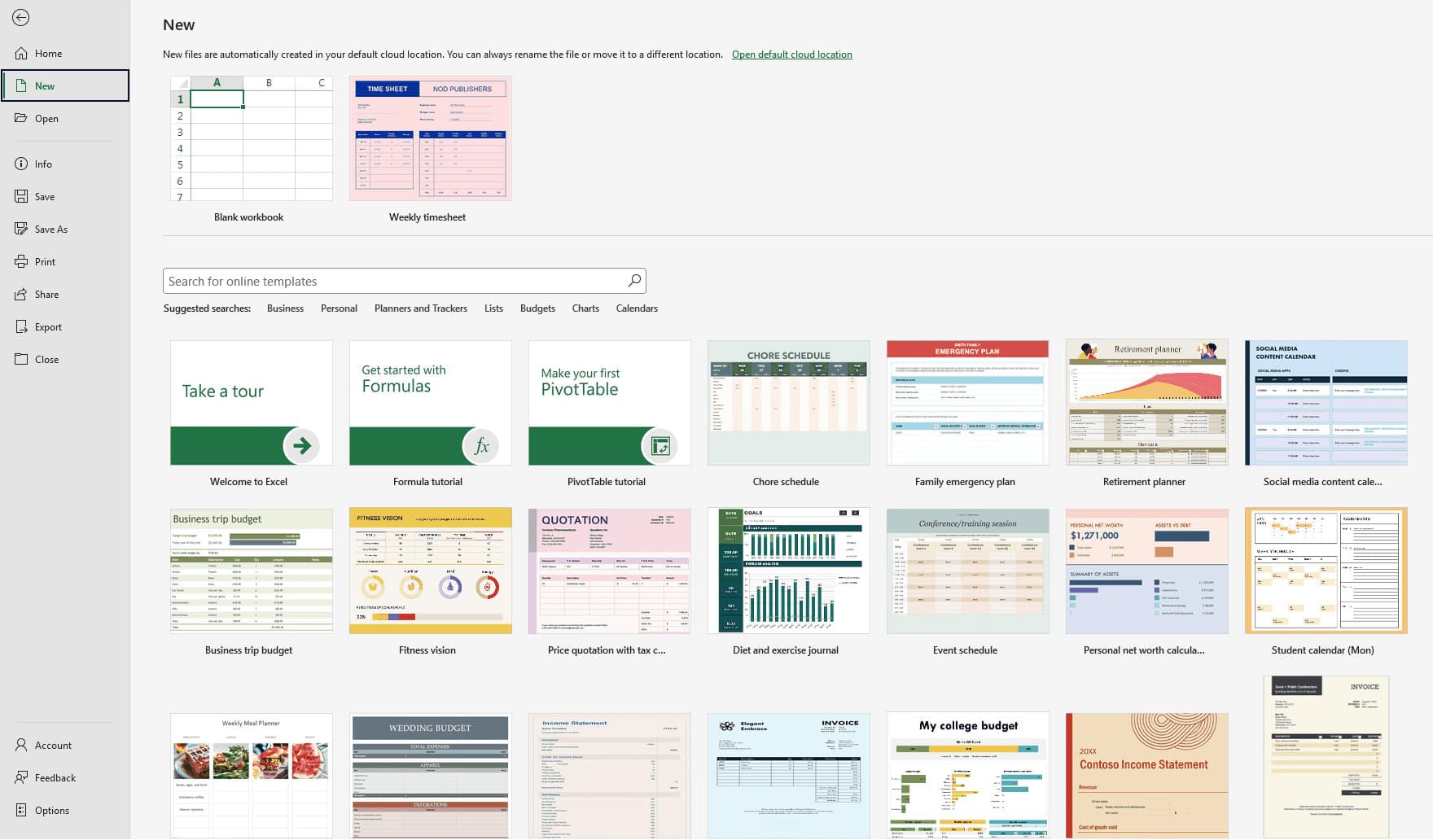 Excel's File > New screen.