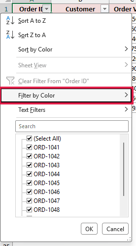 Excel filter menu with Filter by Color highlighted to show how to filter data based on cell background color