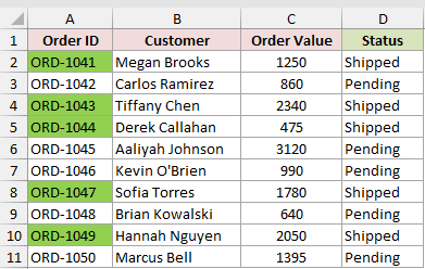 Excel table showing Order ID, Customer, Order Value, and Status, with specific Order ID cells highlighted in green