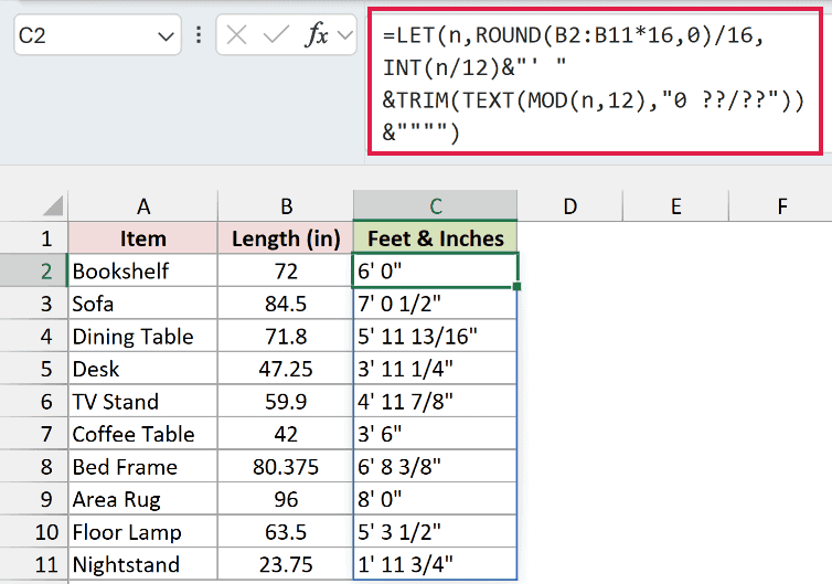LET and TEXT formula returning feet and fractional inches such as 5' 11 13/16"