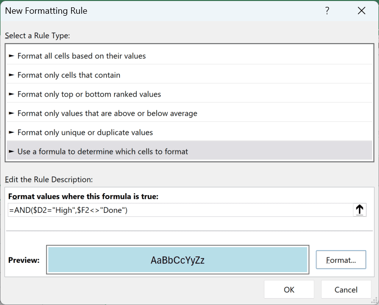 New Formatting Rule dialog with the AND formula checking High priority and not Done