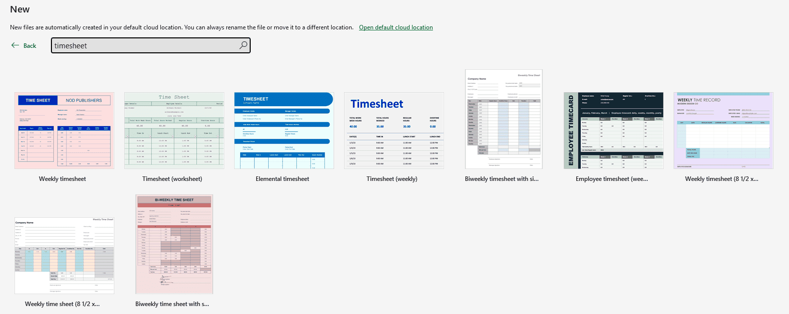 Timesheet templates listed after searching for timesheet.