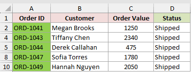 Excel table showing Order ID, Customer, Order Value, and Status with green-highlighted rows for shipped orders