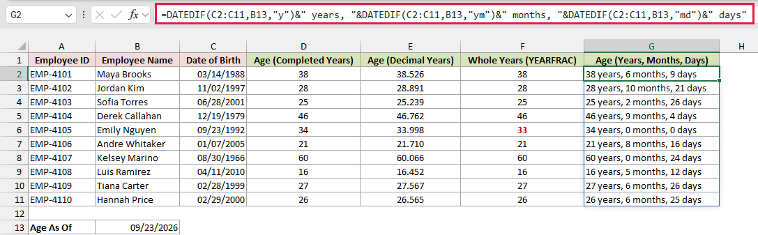 DATEDIF formula in G2 spills age as years, months, and days text