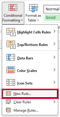 Excel Conditional Formatting dropdown menu with the New Rule option highlighted