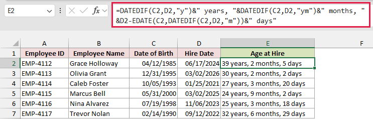 DATEDIF and EDATE formula in E2 returns each employee's exact age at hire