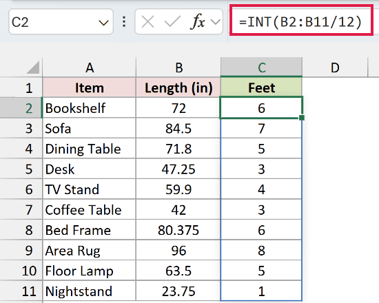 INT formula in C2 returning the whole feet for each length as a number