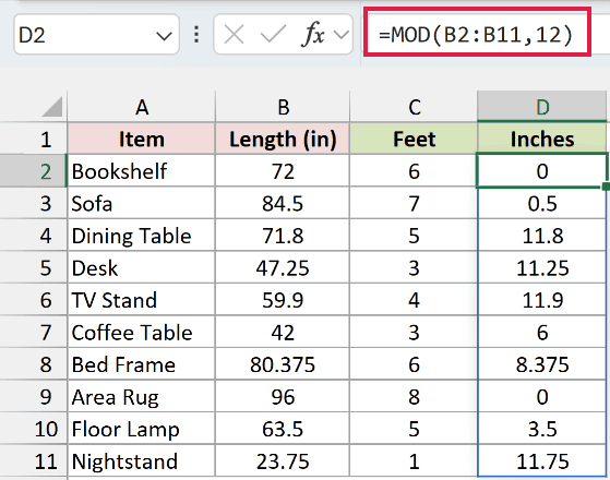 MOD formula in D2 returning the remaining inches as a number next to the feet column