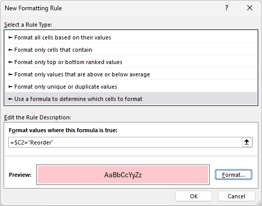 Excel New Formatting Rule dialog box with Use a formula to determine which cells to format selected and a formula entered
