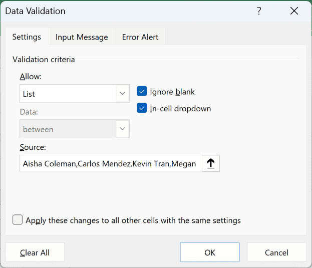 Data Validation dialog with List selected and the five owner names as the source