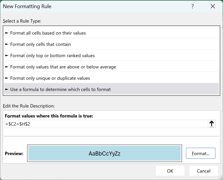 New Formatting Rule dialog with =$C2=$H$2 comparing each owner to the drop-down cell