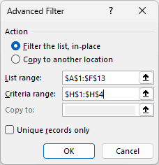 Advanced Filter dialog set to filter the list in place with the H1:H4 criteria