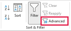 Advanced button in the Sort & Filter group on the Data tab
