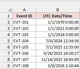 Event IDs with UTC dates and times in column B