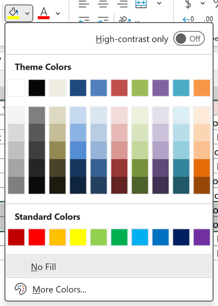 Home > Fill Color drop-down open over the selected Not Started rows
