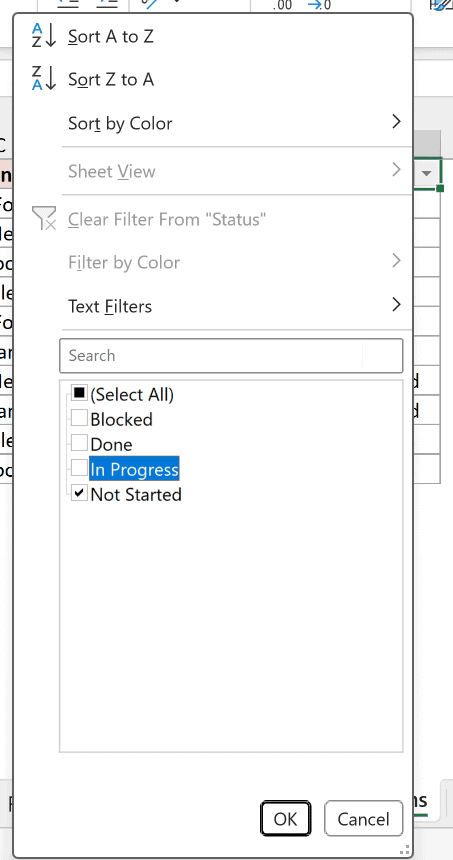 Status filter drop-down with only Not Started checked