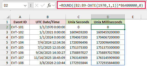 Formula =ROUND((B2:B9-DATE(1970,1,1))*86400000,0) converting dates back to Unix timestamps in milliseconds